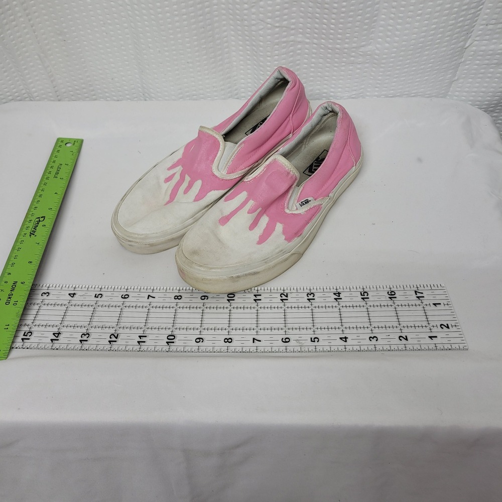 Vans Classic Slip On Custom Pink Drip White Canvas Skate Shoes Womens 8.5 Men 7